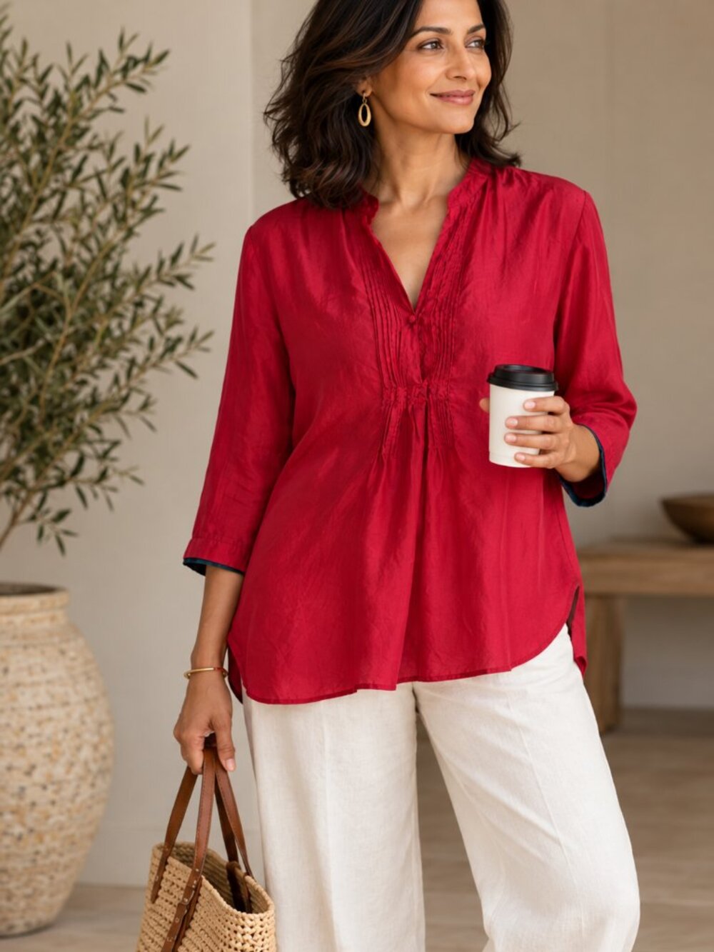 ANOKHI 100% Silk Raspberry Pink Pintuck Tunic Blouse XL PTP22